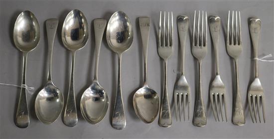 A matched part service of Walker & Hall silver flatware and a Georgian silver dessert spoon,